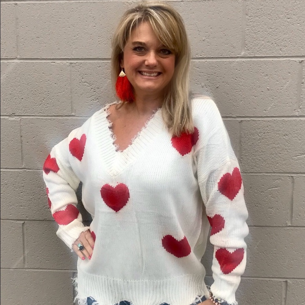 White Distressed Fringe V Neck Plus Heart Sweater